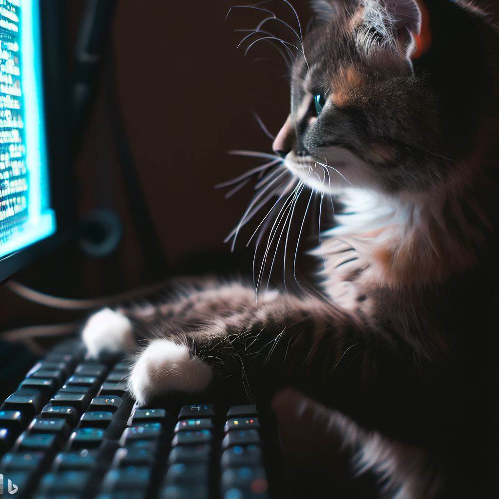 PCでプログラミングをしている猫 の画像